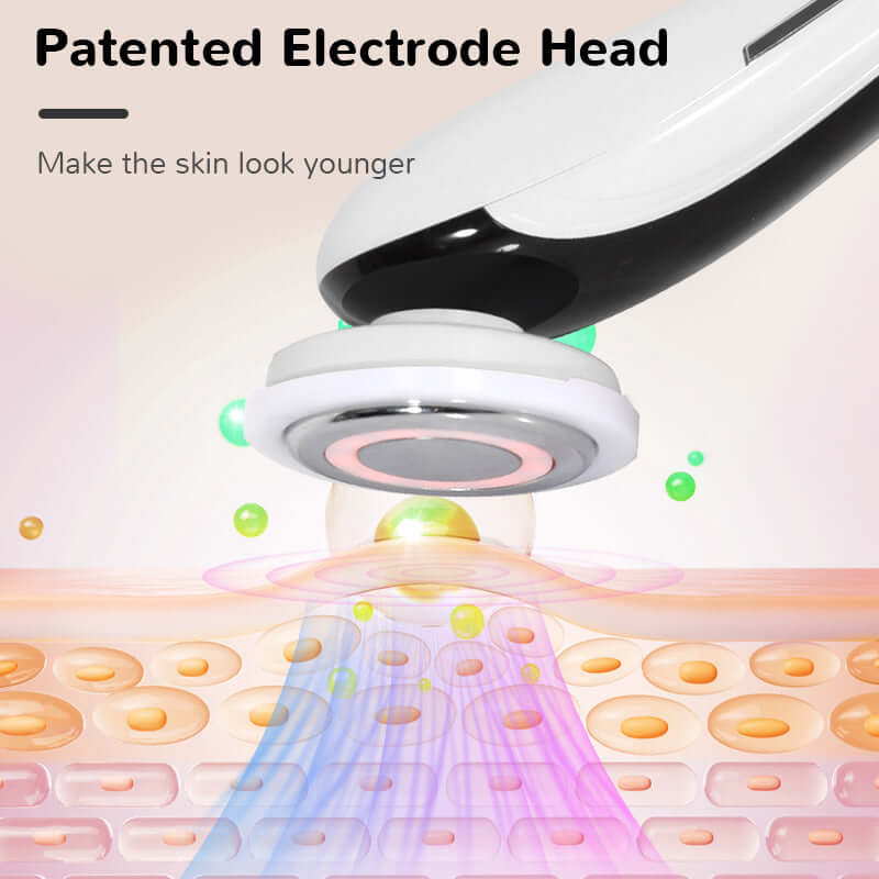 Electrode head with 'Patented Electrode Head' text and skin rejuvenation graphics on a light background.