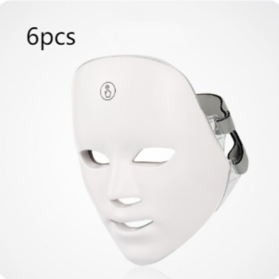 White LED face mask with a control panel on a white background, labeled '6pcs'.