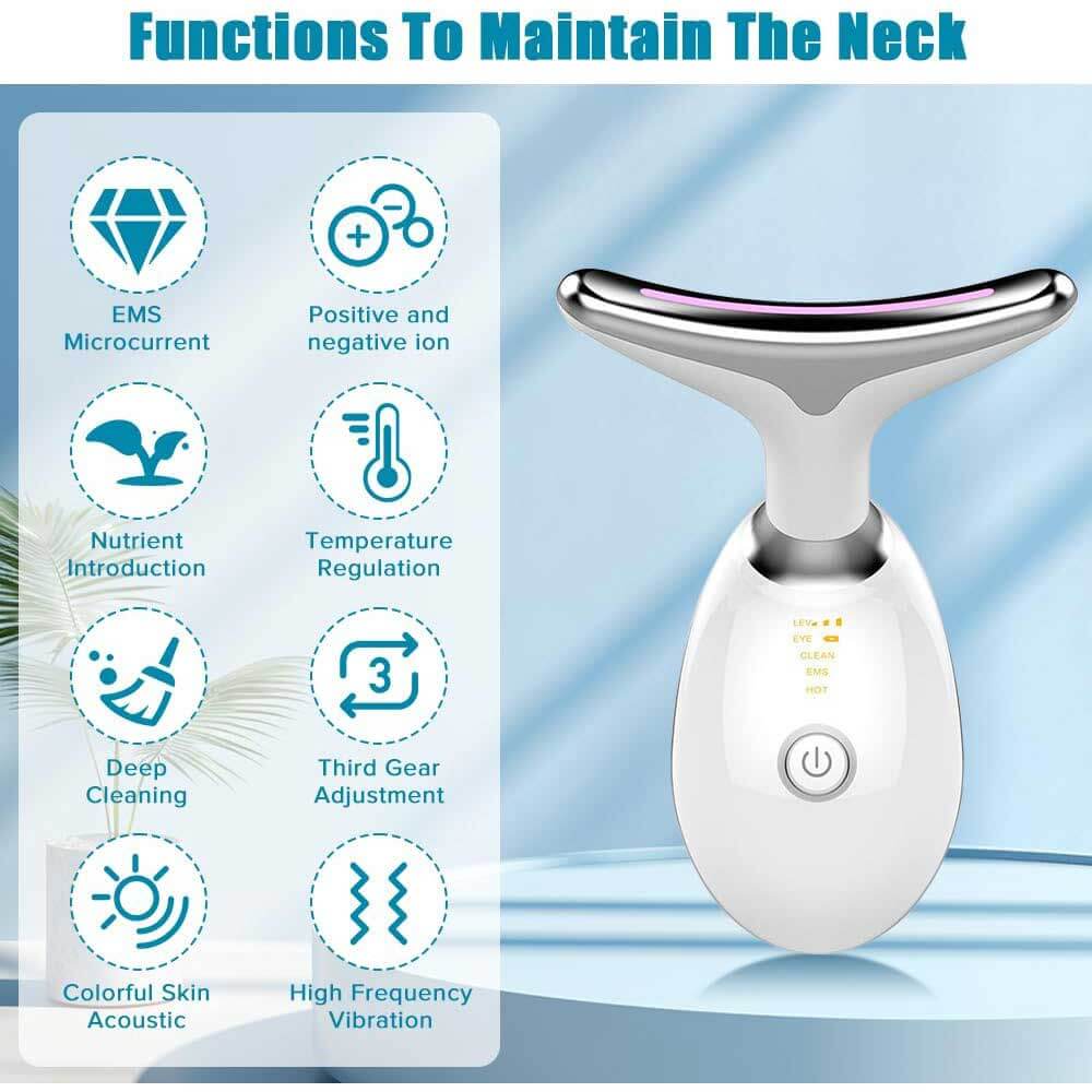 Neck massager with functions listed on a blue gradient background