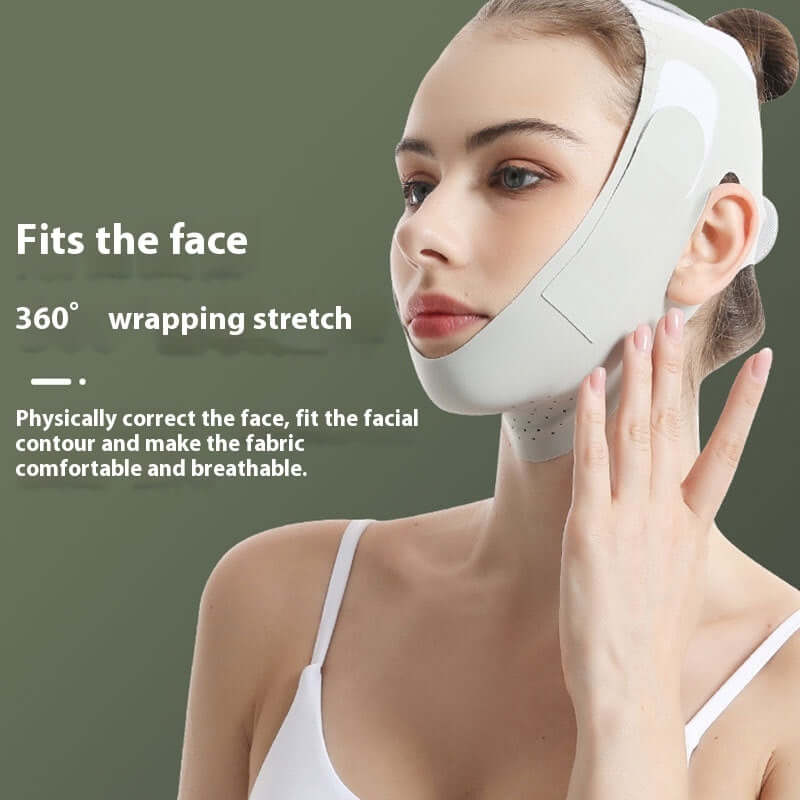 VivaChin™ Double Chin Lifting Mask on a model demonstrating its 360° wrapping stretch and facial fit features.