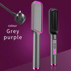 Luxé Ion Hair Straightening Comb in grey and purple with power plug, designed for luxury hair styling.