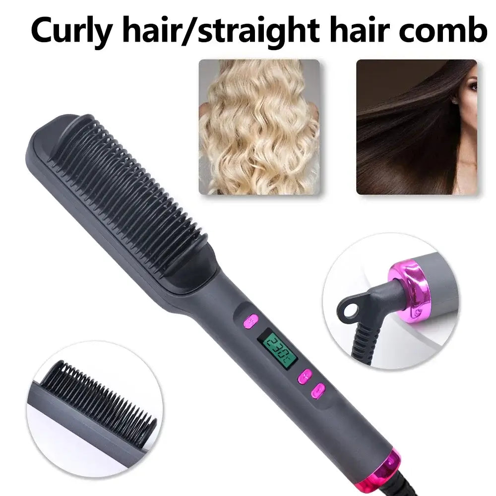 Luxé Ion Hair Straightening Comb featuring versatile styling options for curly and straight hair.