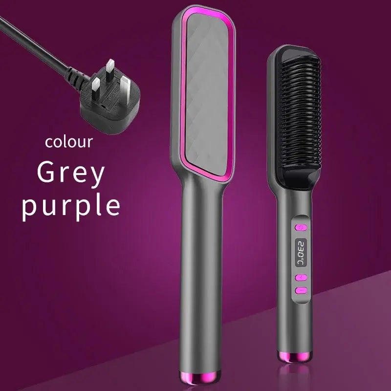 Luxé Ion Hair Straightening Comb in grey and purple color, showcasing advanced styling technology for frizz-free hair.