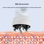 EMS microcurrent device with text about skin regeneration on a light blue background