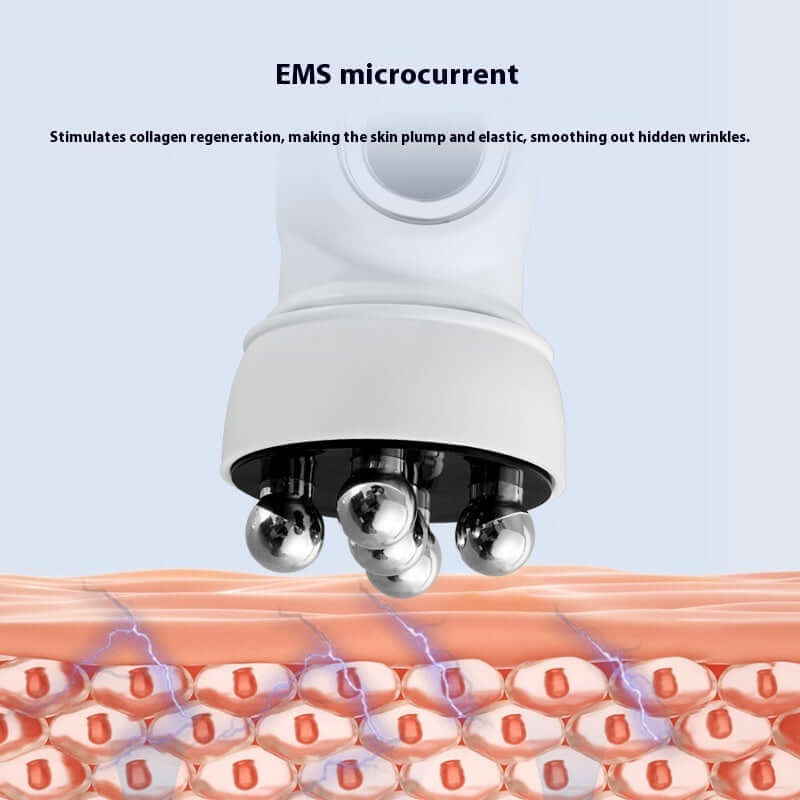 EMS microcurrent device with text about skin regeneration on a light blue background