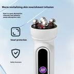 White skin care device with silver nozzles on a light blue background, featuring text about skin nourishment and safety.