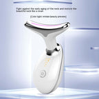 Beauty device for neck care with text on a light blue background