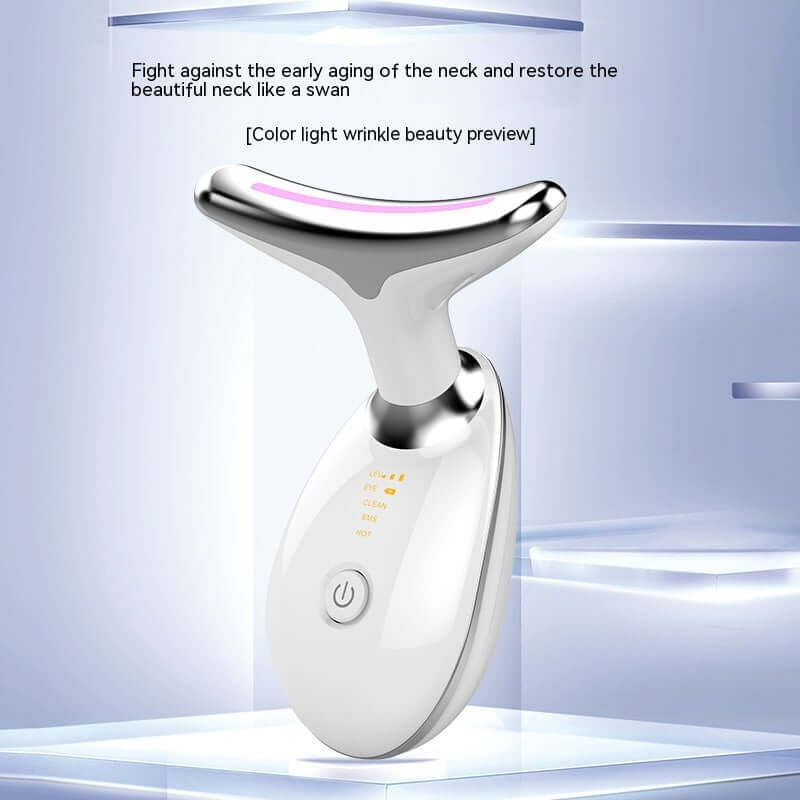 Beauty device for neck care with text on a light blue background