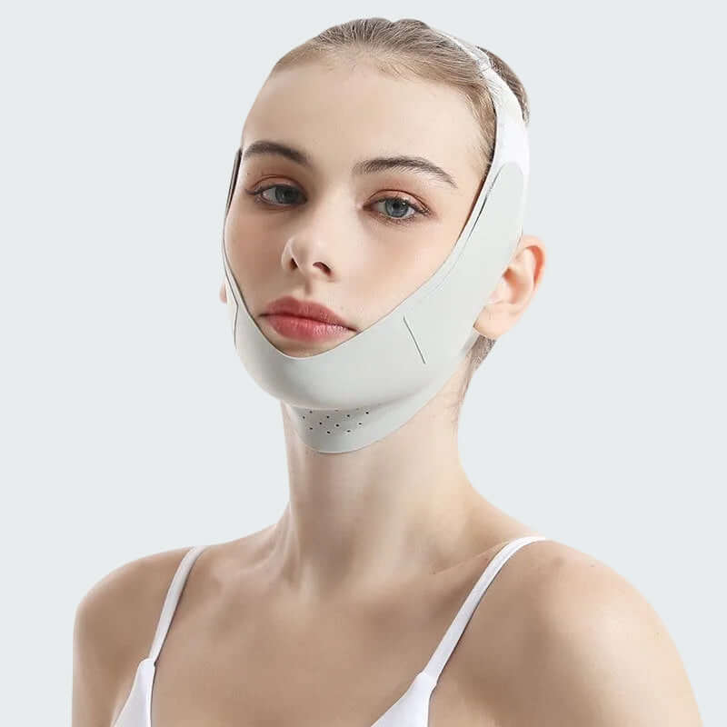 VivaChin™ Double Chin Lifting Mask on a model demonstrating jawline and neck firming features.
