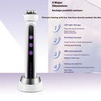 Beauty device with LED lights and text on a white background