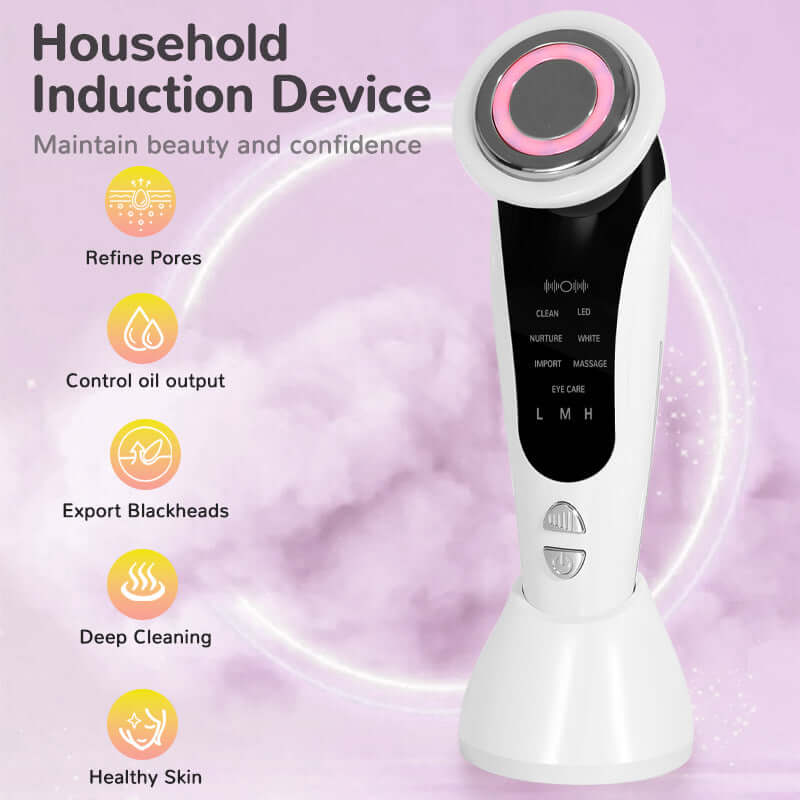 Household induction device for beauty and confidence with features listed on a pink background