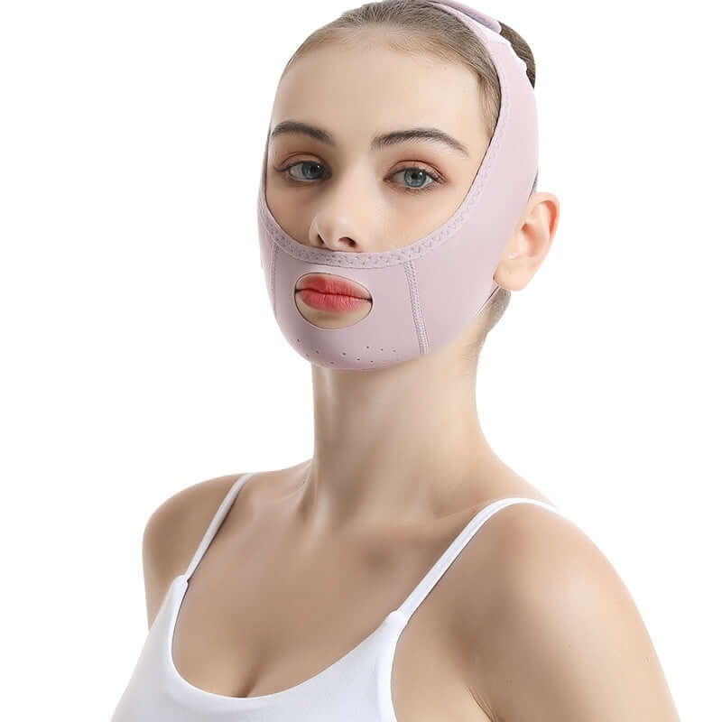Woman wearing the VivaChin™ Double Chin Lifting Mask for effective chin and neck skin tightening.