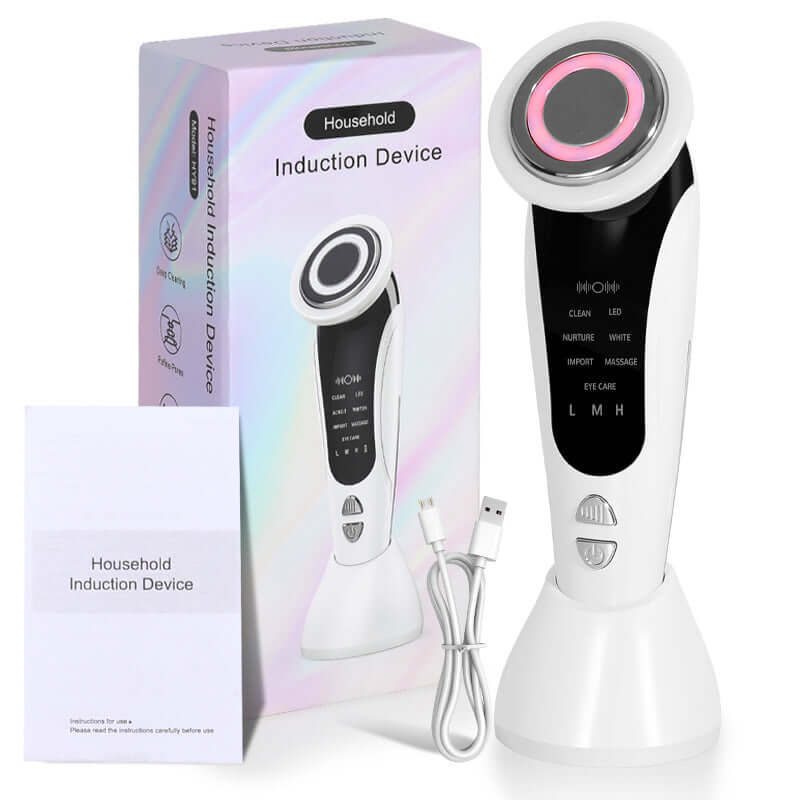 White induction device with pink accents and packaging on a white background