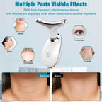 Beauty device with text about high-frequency vibrations and before-after effects on skin.