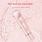 Pink hair trimmer on a pink water background with text indicating wet and dry washability.