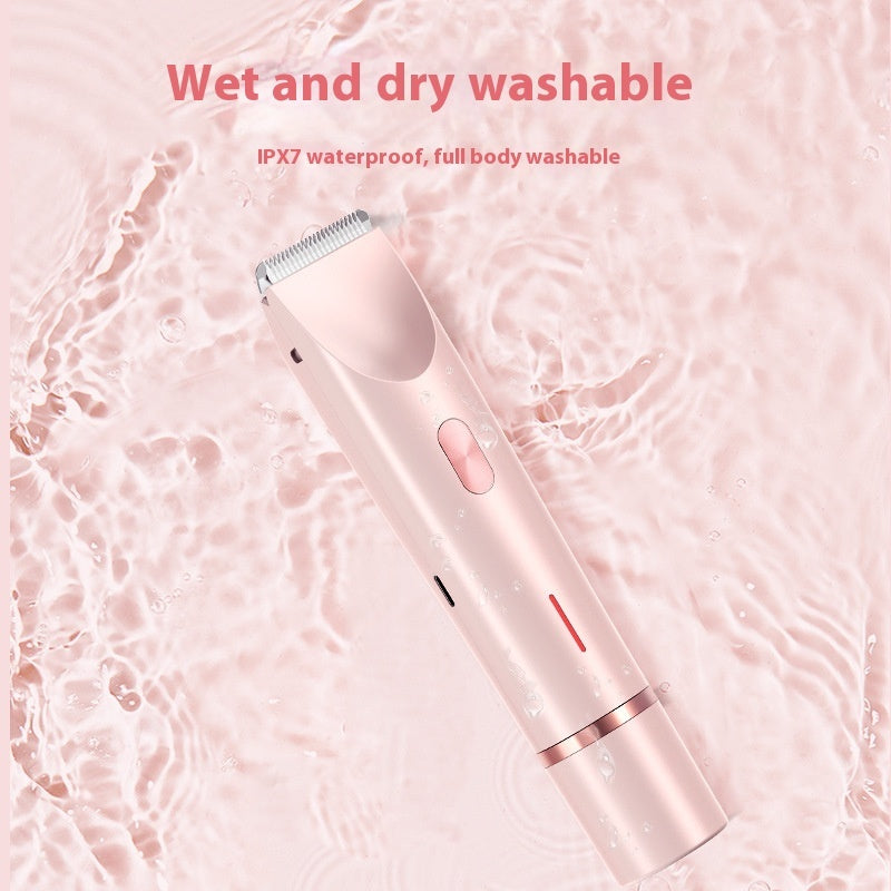 Pink hair trimmer on a pink water background with text indicating wet and dry washability.