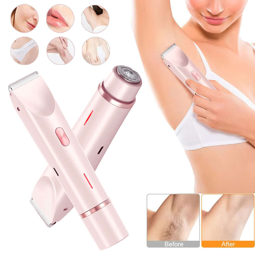 Pink hair removal device with before and after images on a white background