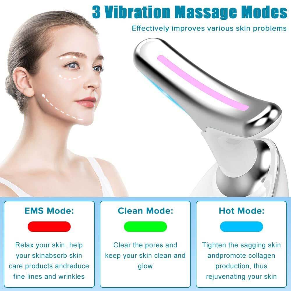 Facial massager with three vibration modes displayed on a white background