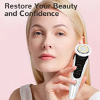 Woman using a skincare device with text 'Restore Your Beauty and Confidence' on a pink background