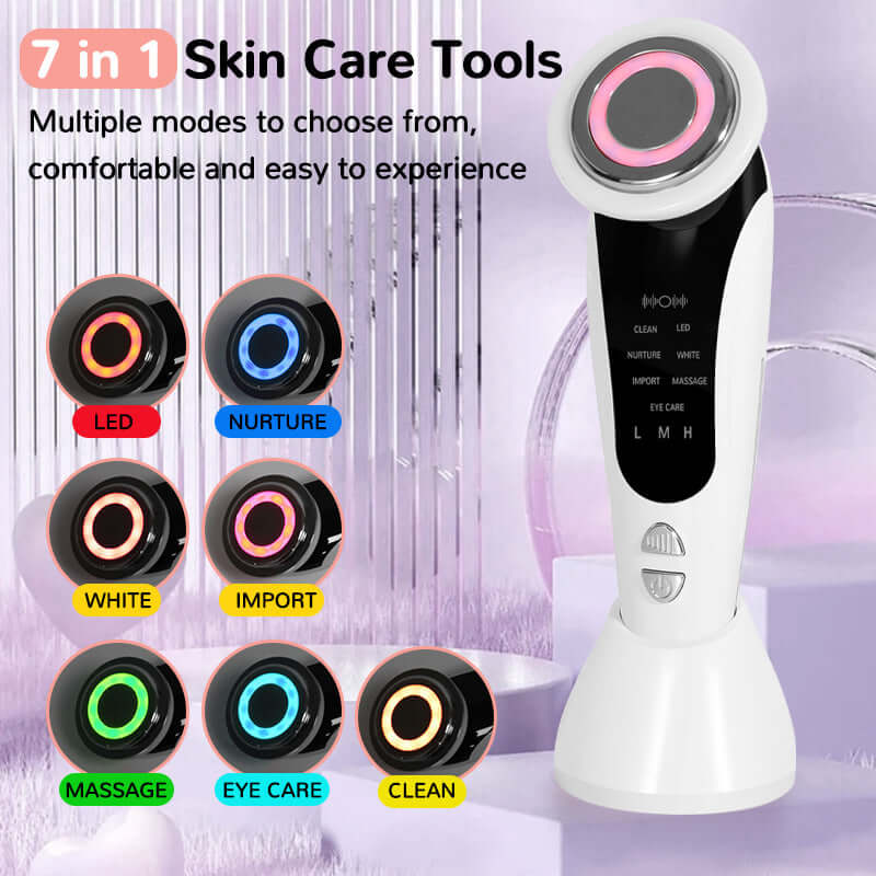7-in-1 skin care tool with multiple modes on a light purple background