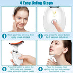 Instructions for using a facial device with images of a woman applying cream, turning on the device, selecting settings, and massaging her face.