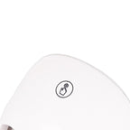 Close-up of a white electronic device with a black icon on a white background