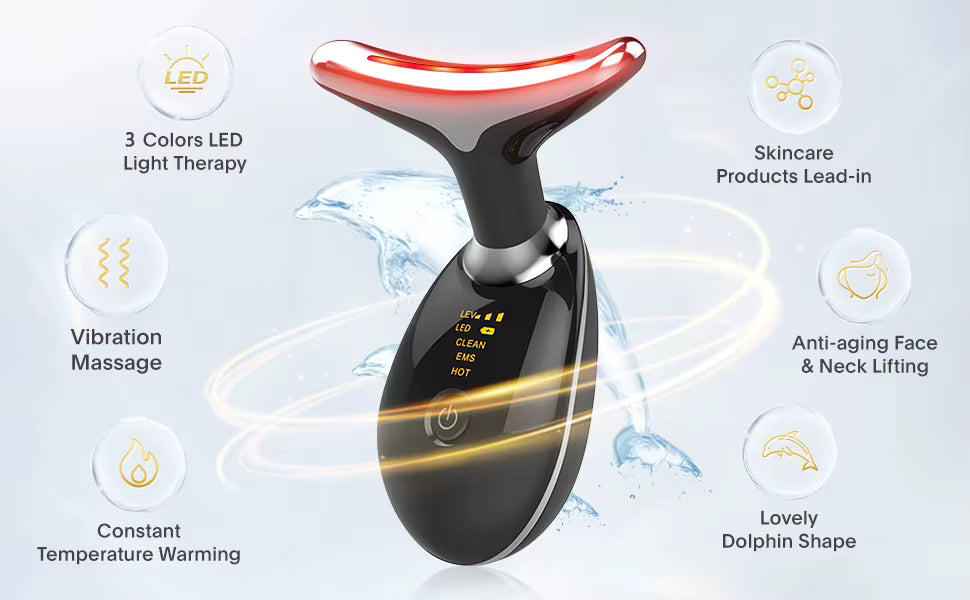 Black and red skincare device with features highlighted on a light blue background