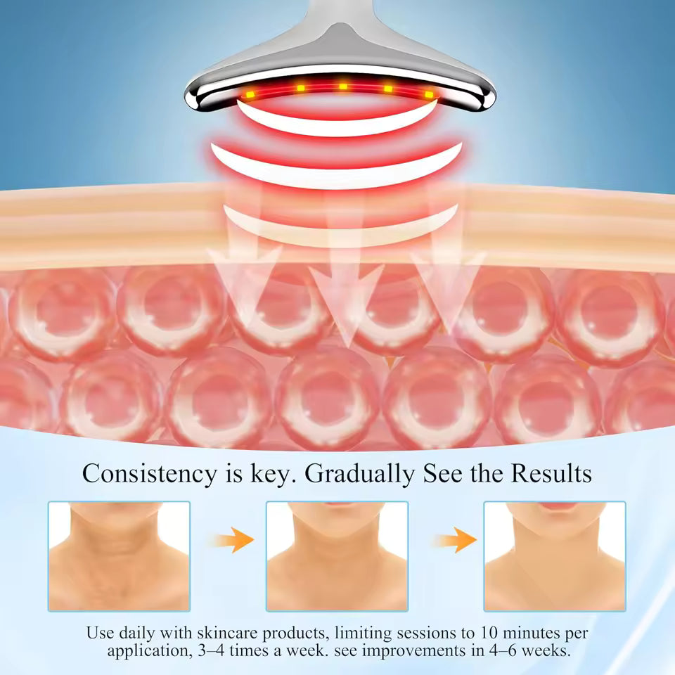 Illustration of a skin care device with red light on a blue background, showing before and after effects.