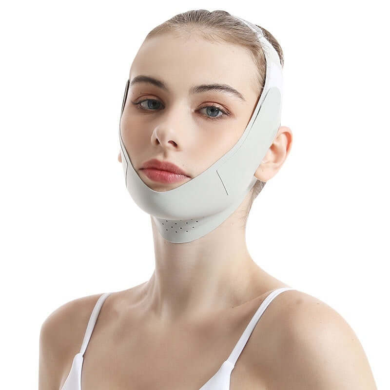 VivaChin™ Double Chin Lifting Mask worn by a model, designed for jawline definition and skin firming.