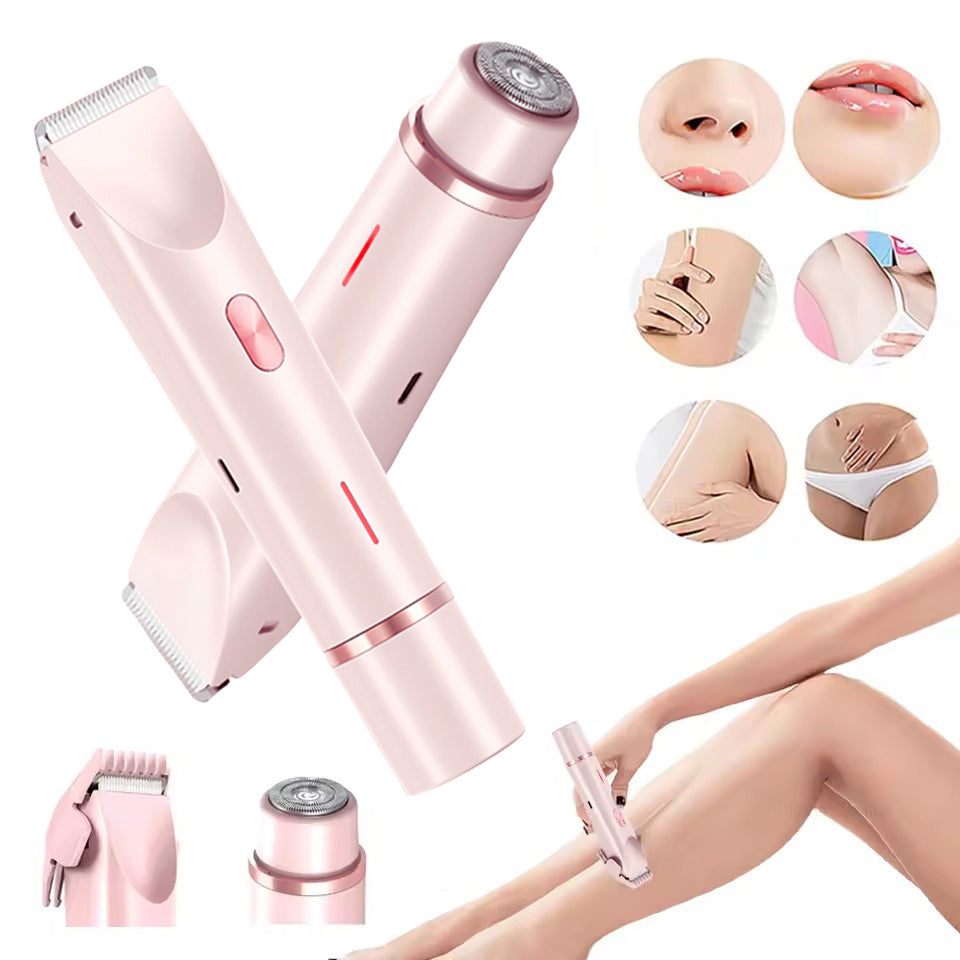 Pink hair removal device with before and after effects on skin and hair.