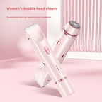 Women's double head shaver on a pink background with text indicating its features.
