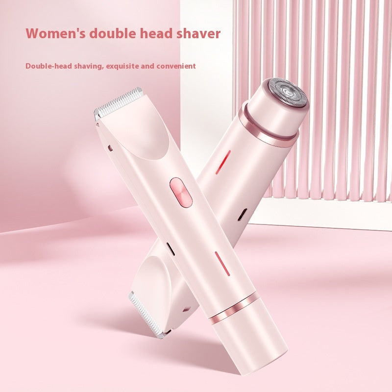 Women's double head shaver on a pink background with text indicating its features.